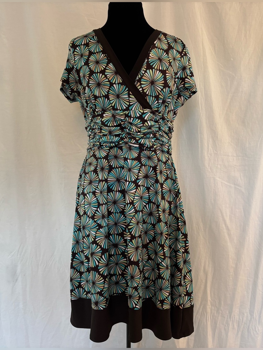 Jessica Retro Mod Floral Ruched Faux Wrap Dress Size 14 Y2K